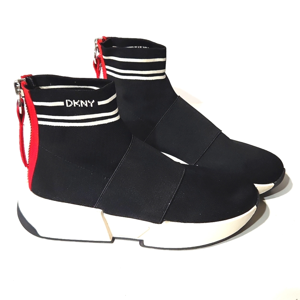 NEW! DKNY Marini High Top Logo Sneaker Black Red & White Zip Up Platform Size 8